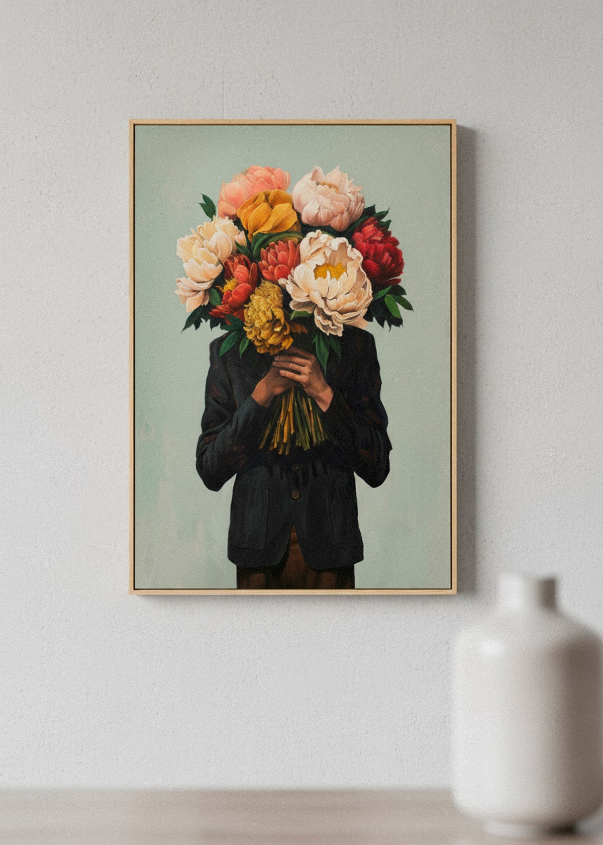 “Mr. Flowerhead” canvas print leaning against a wall in sunlight, emphasizing vivid floral tones and a calm, artistic atmosphere.
