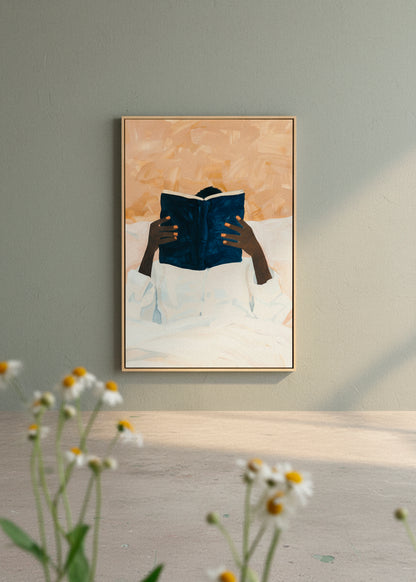 Framed “Must Read” canvas print hanging above a cozy bed with neutral bedding and natural light filtering through curtains.