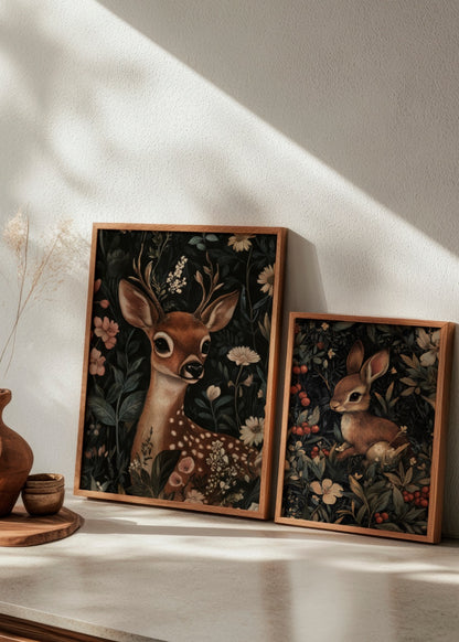 Framed posters 'Oh Deer' and 'Honey Bunny' displayed on a light wood sideboard in natural sunlight.