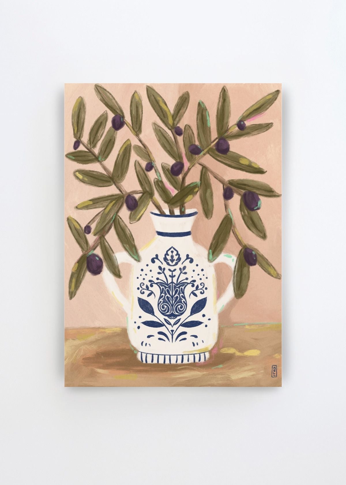 Olive Branches In a Pot Painting by Dirkie Nell art print featuring green olive branches with dark purple olives arranged in a decorative blue and white ceramic pot against a warm peach background.