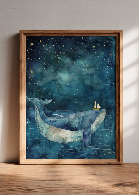Framed poster of a dreamy blue whale and tiny sailboat under a starry night sky, styled in a cozy, minimalist home interior with warm wood tones.