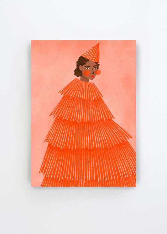 Orange Party Girl by Bea Müller – colorful art poster featuring a woman in a dramatic layered orange dress and striped party hat against a soft peach background
