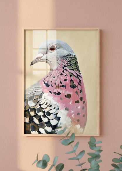 The Pigeon poster displayed on a warm-toned wall with sunlight and eucalyptus branches in the foreground.