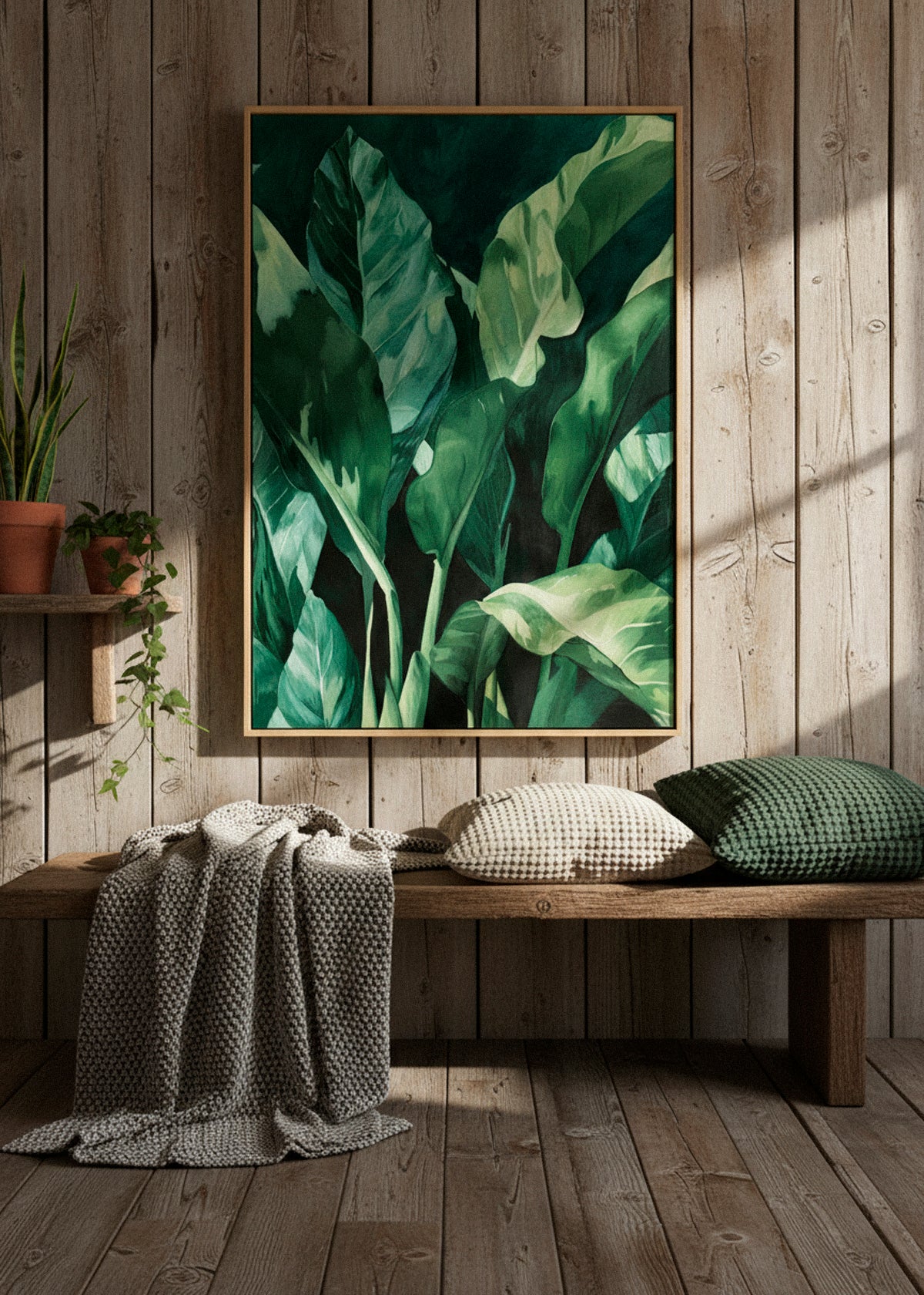 “Plant” canvas print hanging on a rustic wooden wall with cushions and a knitted blanket, styled in a warm natural setting.