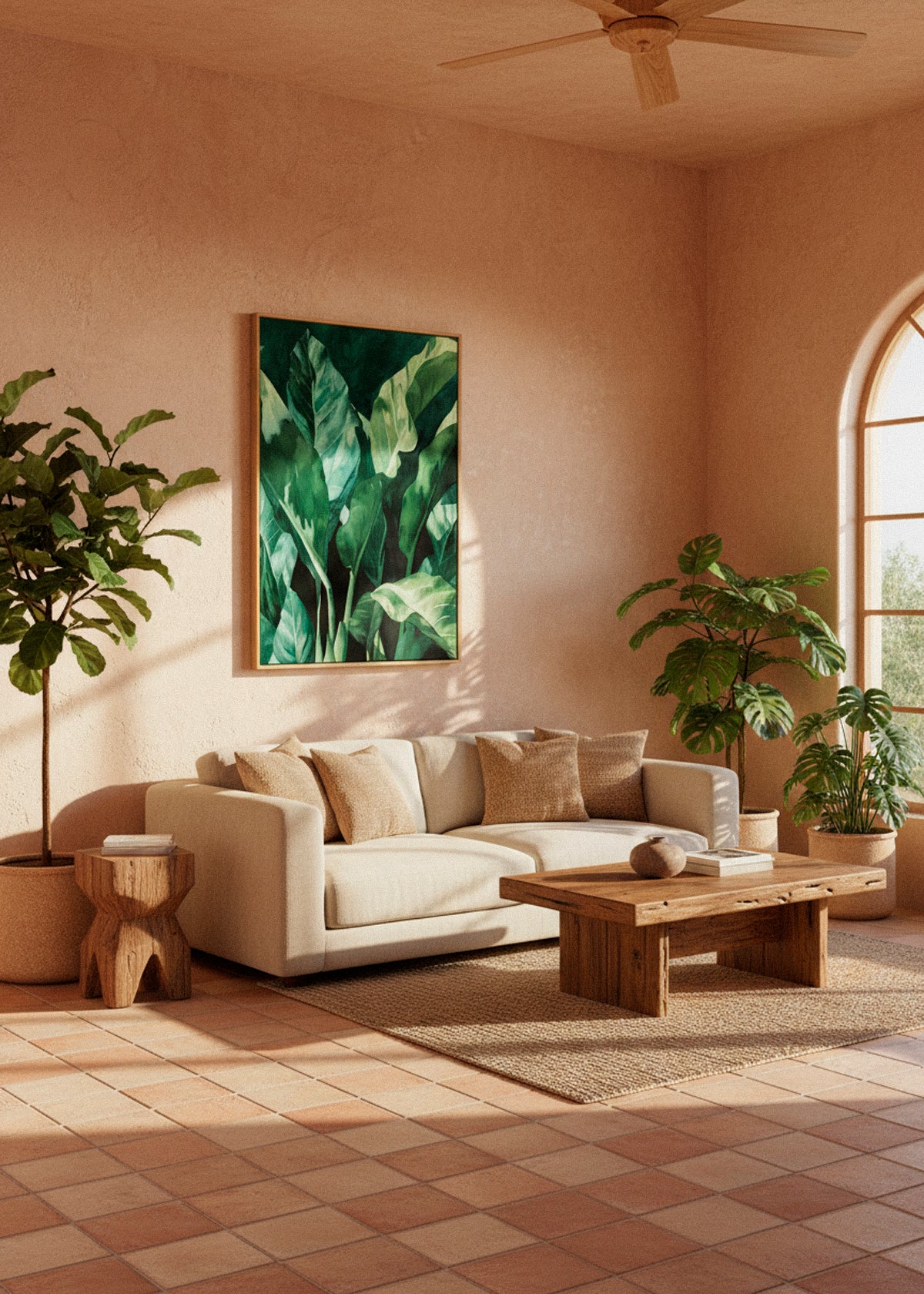 “Plant” canvas print above a rustic table decorated with colorful ceramics and potted plants, creating a cozy boho atmosphere.