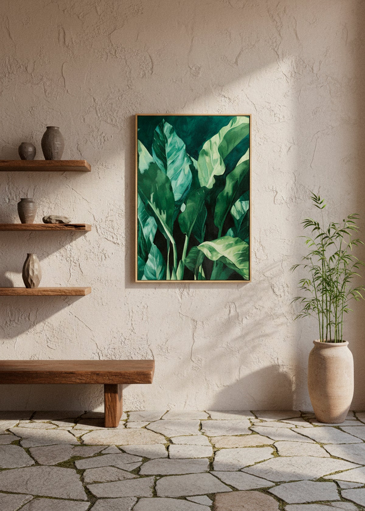 “Plant” canvas print above a rustic table decorated with colorful ceramics and potted plants, creating a cozy boho atmosphere.