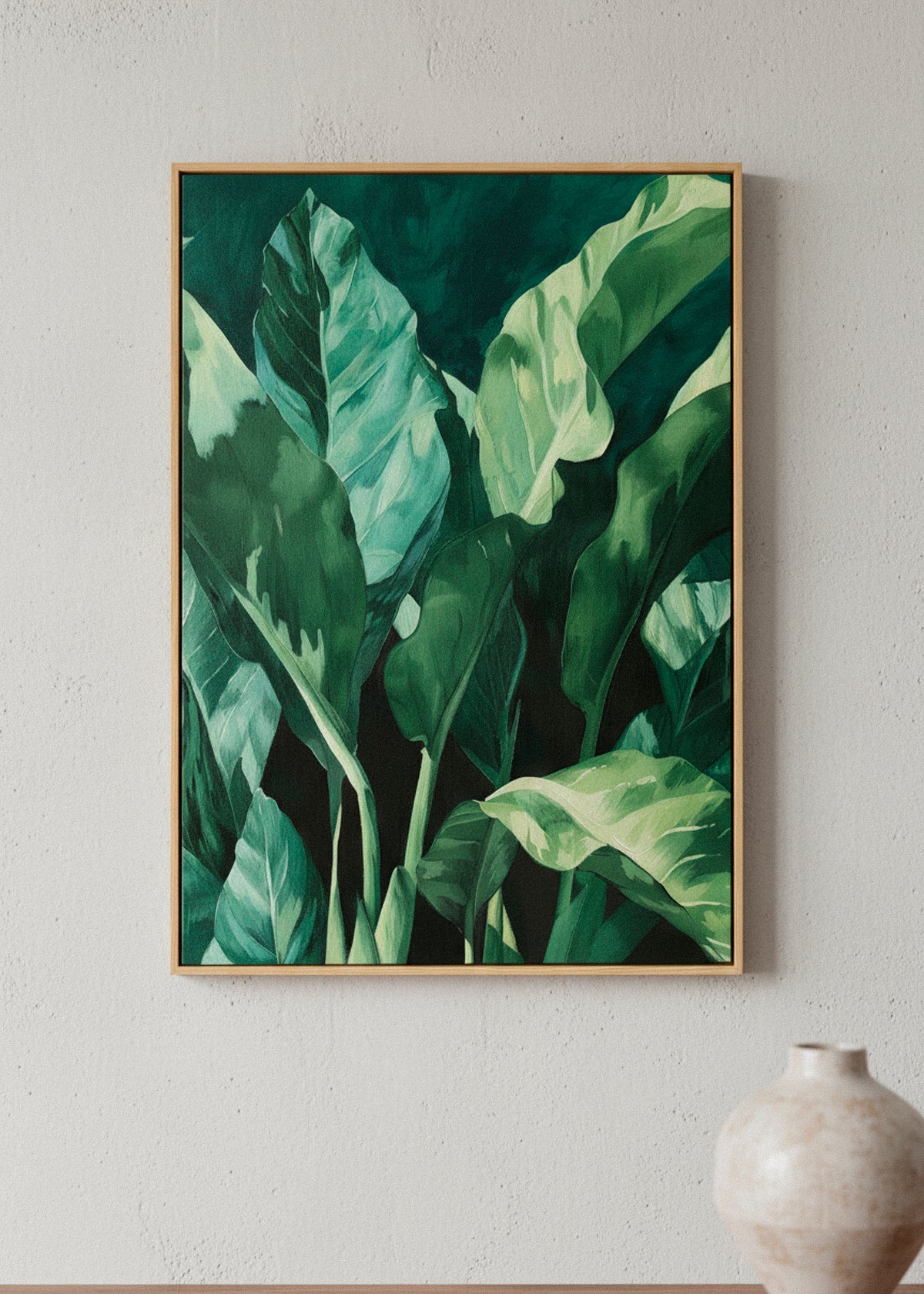 “Plant” canvas print hanging above a beige sofa in a minimalist Nordic interior with warm sunlight and soft shadows.