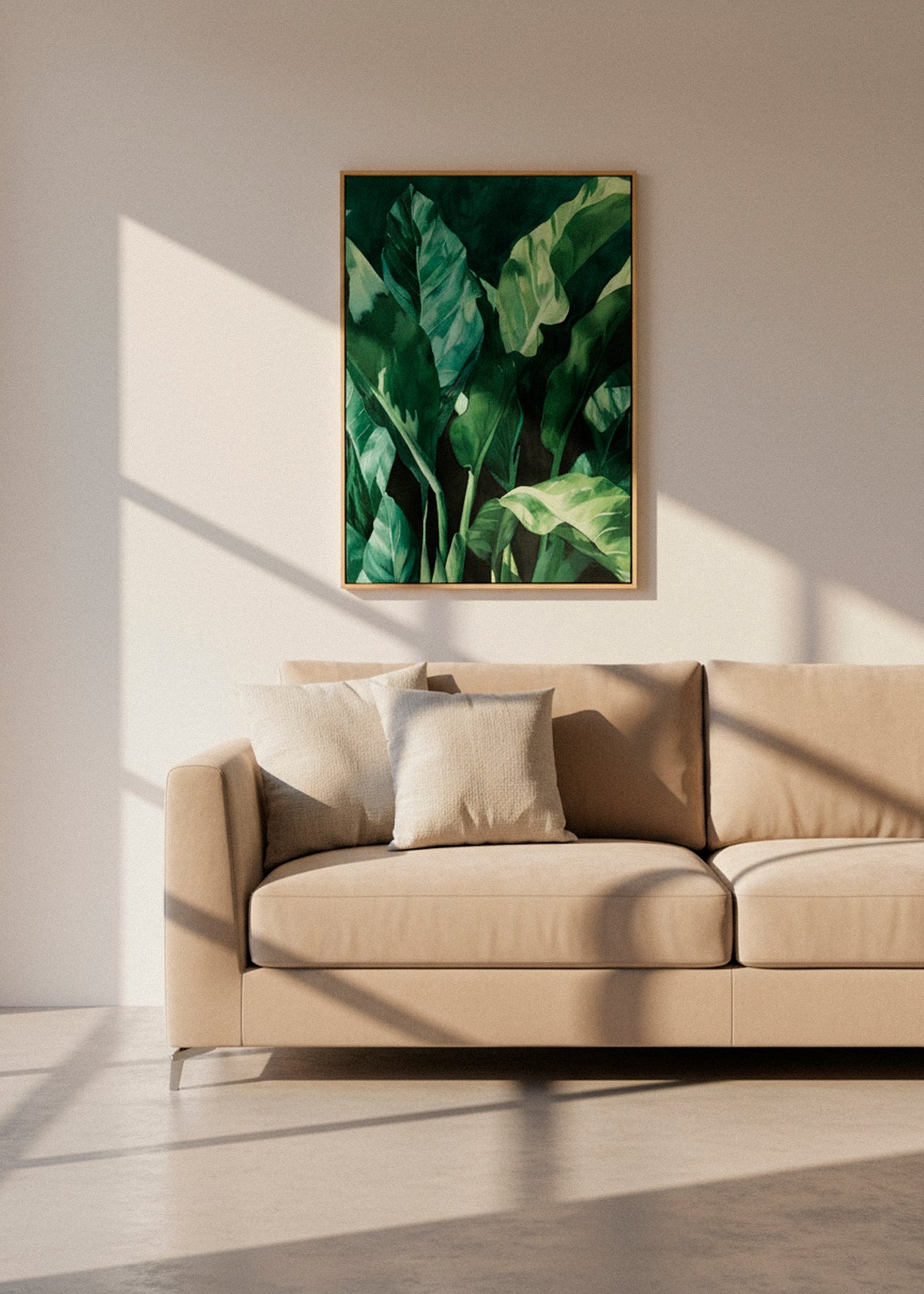 Vertical “Plant” canvas print featuring vibrant green leaves with detailed texture, displayed in a cozy Nordic bedroom with soft light.