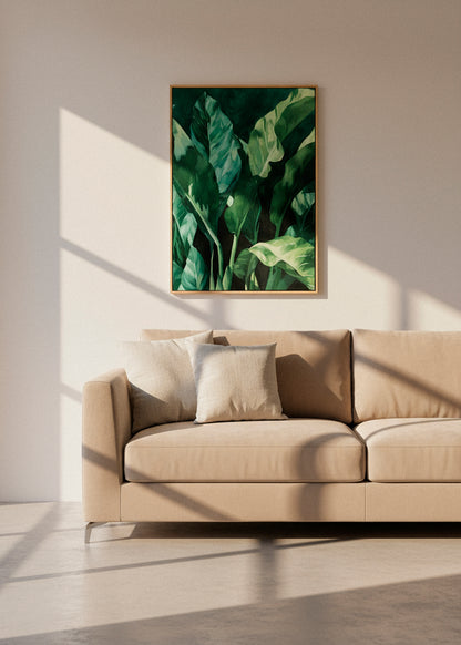 Vertical “Plant” canvas print featuring vibrant green leaves with detailed texture, displayed in a cozy Nordic bedroom with soft light.