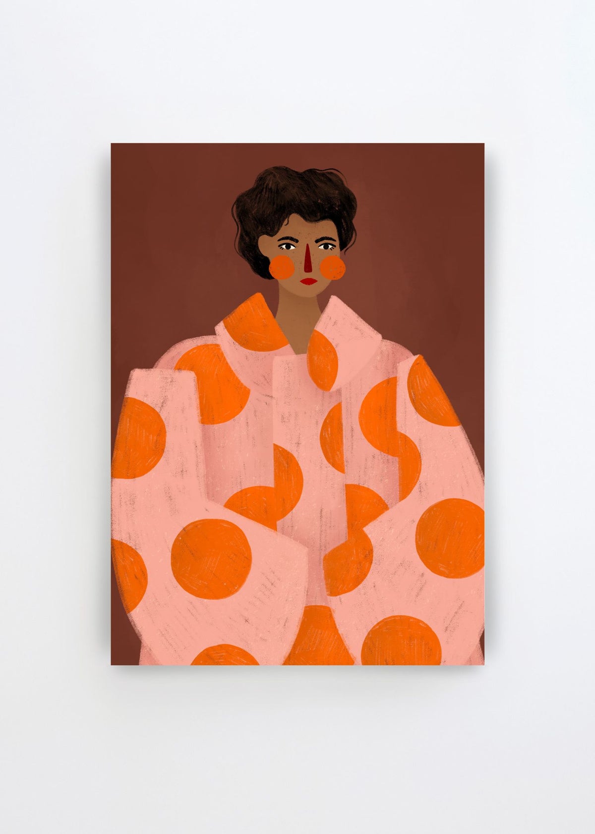 Polka Dot Fashion Portrait by Bea Müller – colorful art poster featuring a stylish woman in an oversized pink coat with bold orange polka dots on a warm brown background.