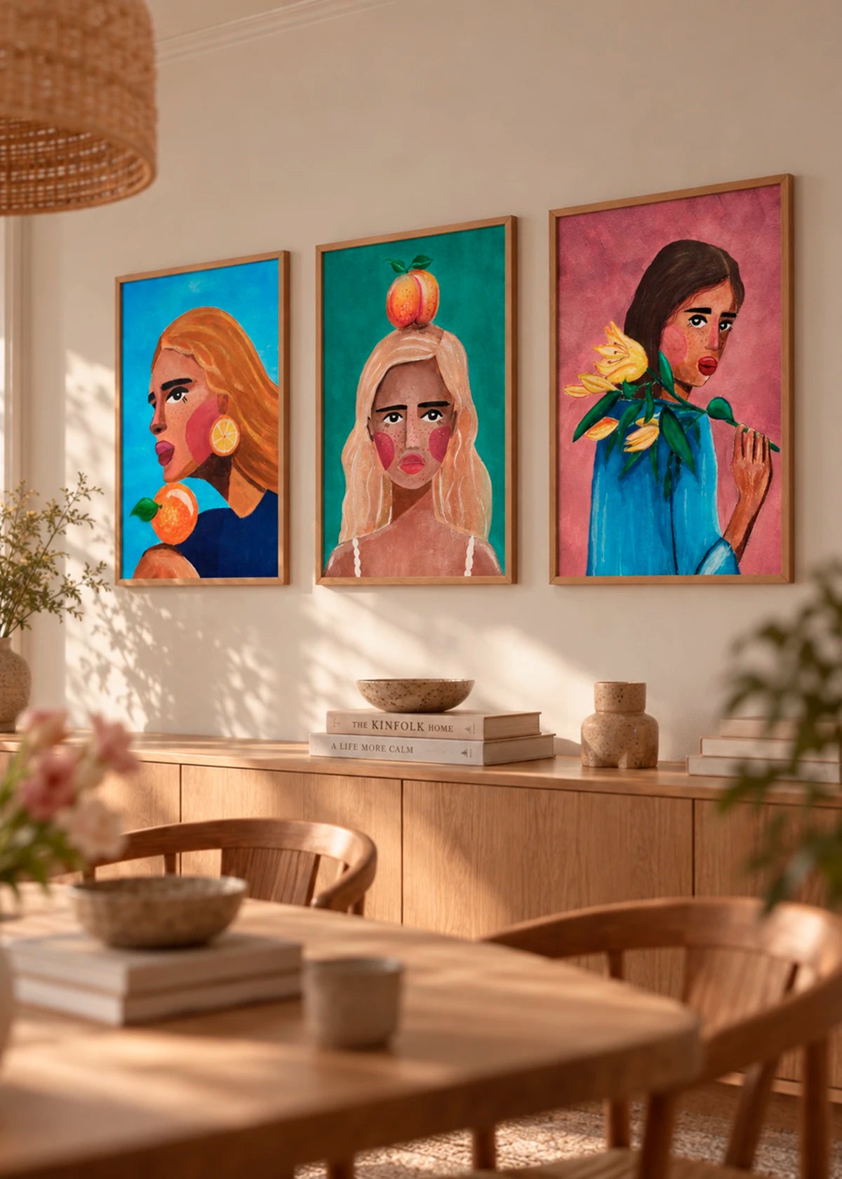 Farverig billedvæg med Woman With Orange, Woman With Peach og Woman With Lily af Raissa Oltmanns i mørke trærammer.