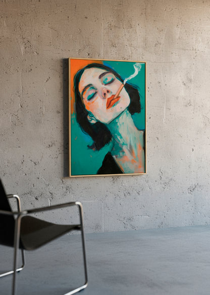 Framed Rebel canvas artwork hanging on a dark wall with warm sunlight – expressive modern portrait print from HelloPoster, perfect for contemporary interiors.