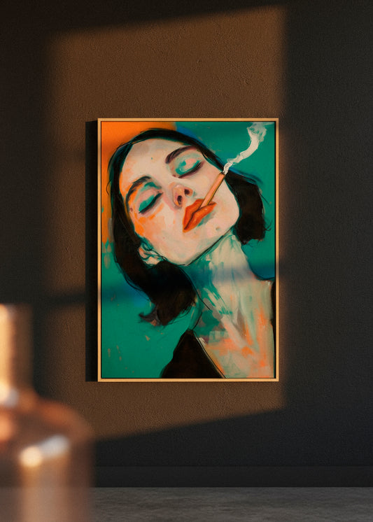 Close-up of Rebel framed canvas leaning against a dark wall – modern expressive portrait poster from HelloPoster with saturated teal and orange tones