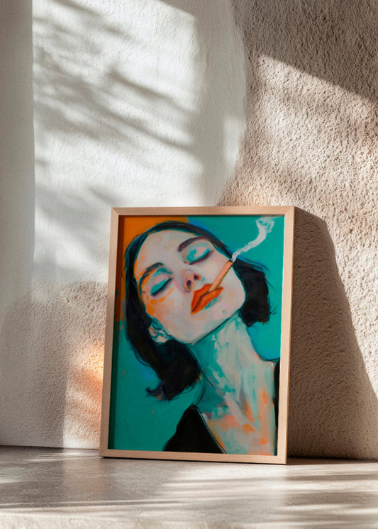 Framed poster titled “Rebel” featuring a woman with closed eyes and a cigarette, painted in bold turquoise, orange, and coral tones. Displayed in natural sunlight against a textured beige wall.