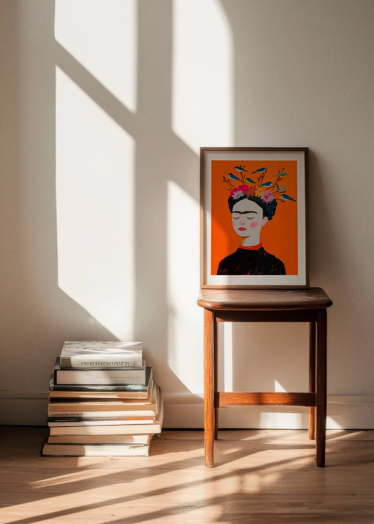 Red Frida poster featuring a bold portrait of Frida Kahlo on a vibrant orange background, framed in natural wood and placed on a wooden stool. The setting includes a stack of books on the floor and soft sunlight streaming through a nearby window, creating a warm and artistic atmosphere