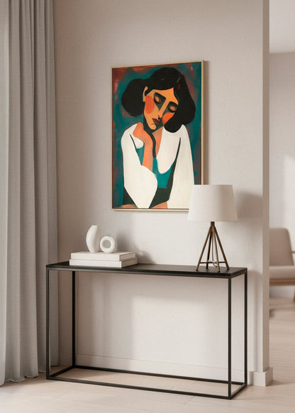“Rest” canvas print hanging above a console table with lamp and sculptural decor in a minimalist interior with neutral tones.