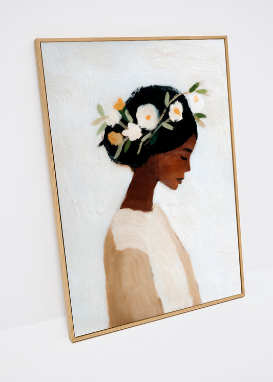 Saint canvas print – elegant portrait of a woman with flowers in her hair