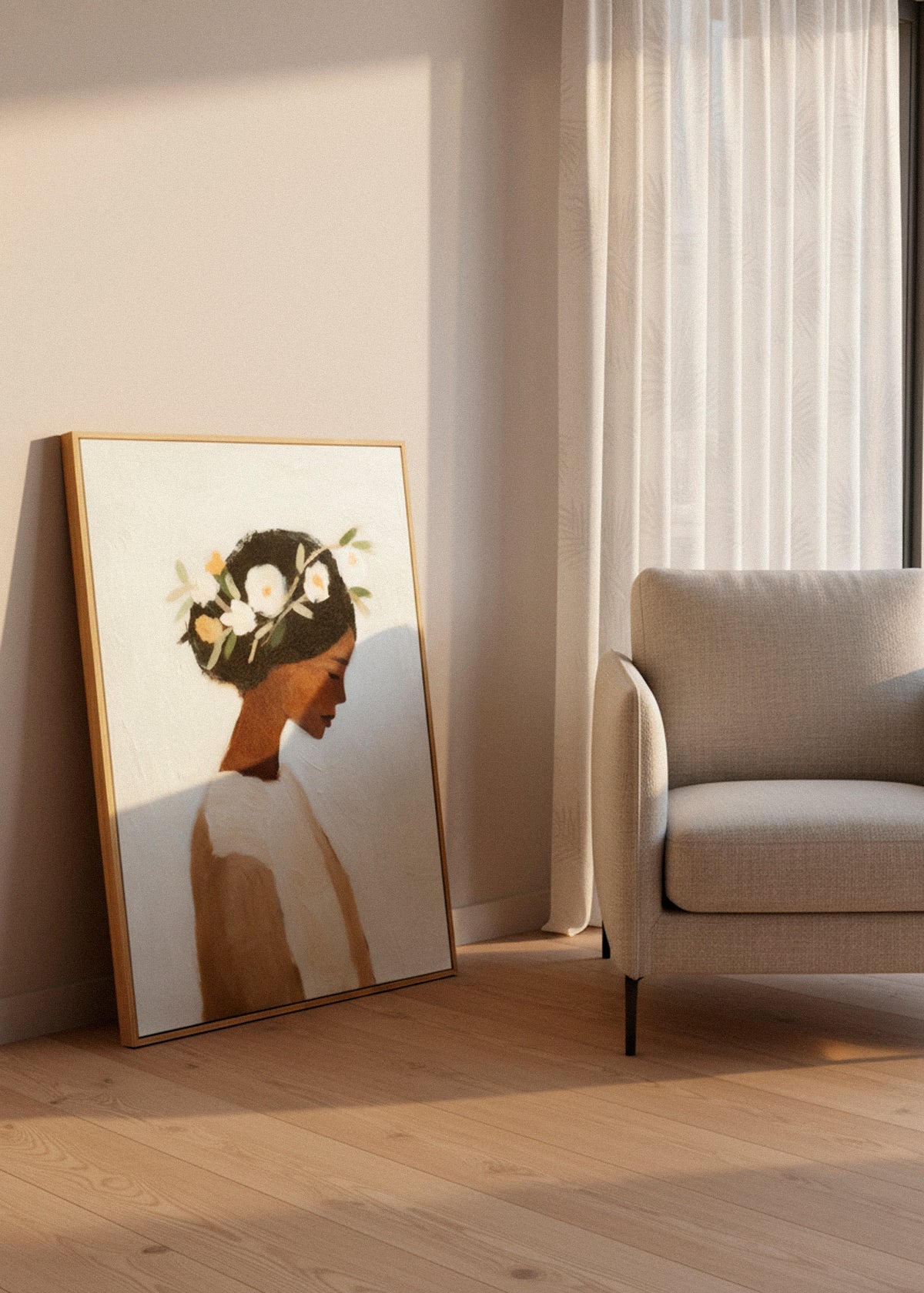 “Saint” canvas print showing a serene female portrait with white flowers in her hair, placed in a softly lit modern living room.