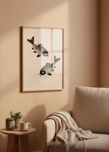 The Sakana poster hanging beside a cozy beige armchair with soft sunlight and natural decor elements.