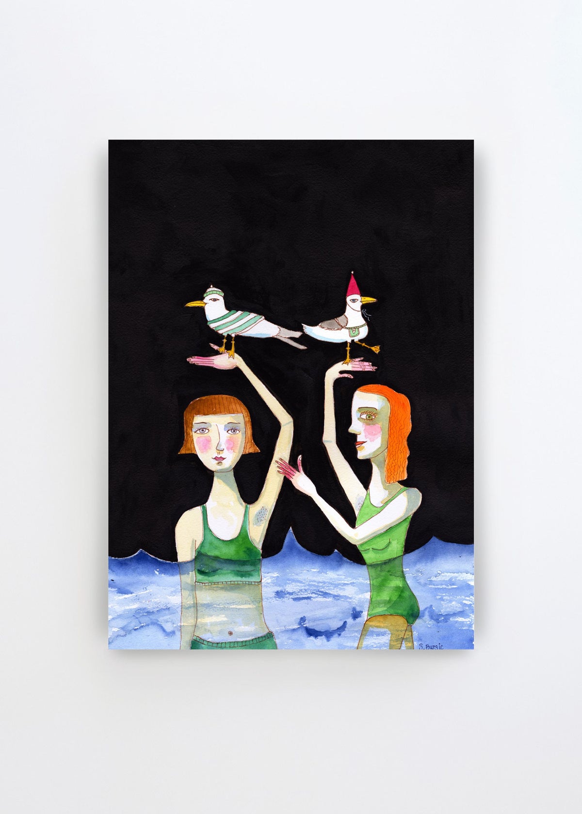 Seagulls In Hats by Sharyn Bursic – whimsical art poster featuring two women standing in blue water with playful seagulls wearing hats balanced above them.