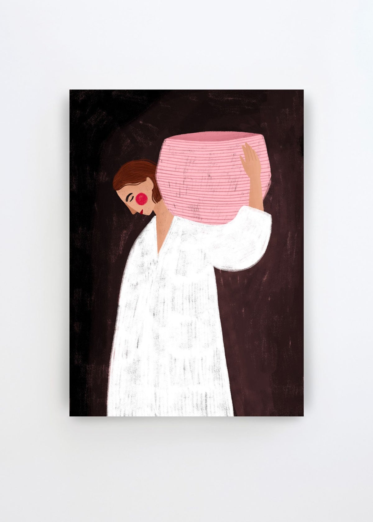 Serene Woman Carrying Basket by Bea Müller – minimalist art poster featuring a woman in a white dress carrying a large pink basket against a dark brown background.