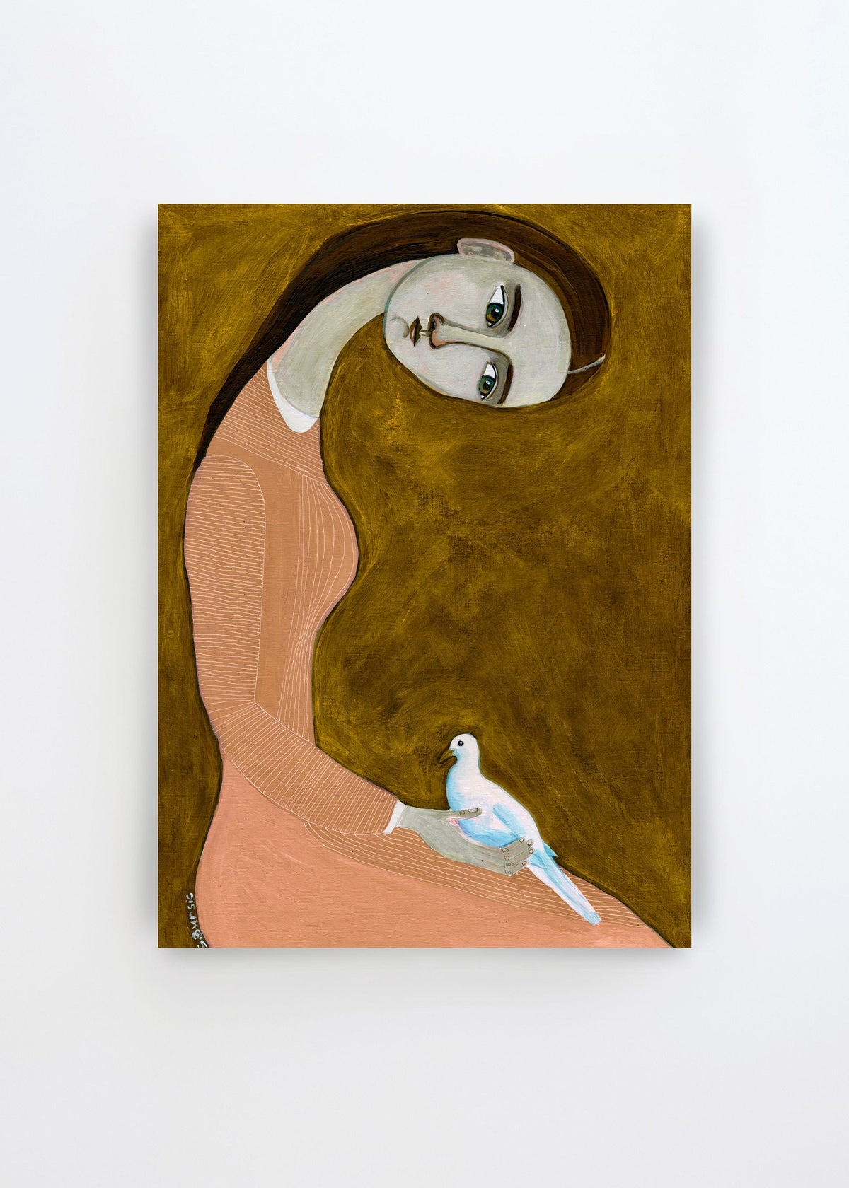 Serene Woman and Dove by Sharyn Bursic – figurative art poster featuring a woman in a soft peach dress holding a pale blue dove against a warm ochre background.