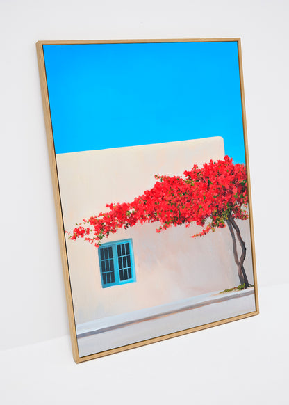 Siesta canvas print – Mediterranean wall art with blue window and red bougainvillea