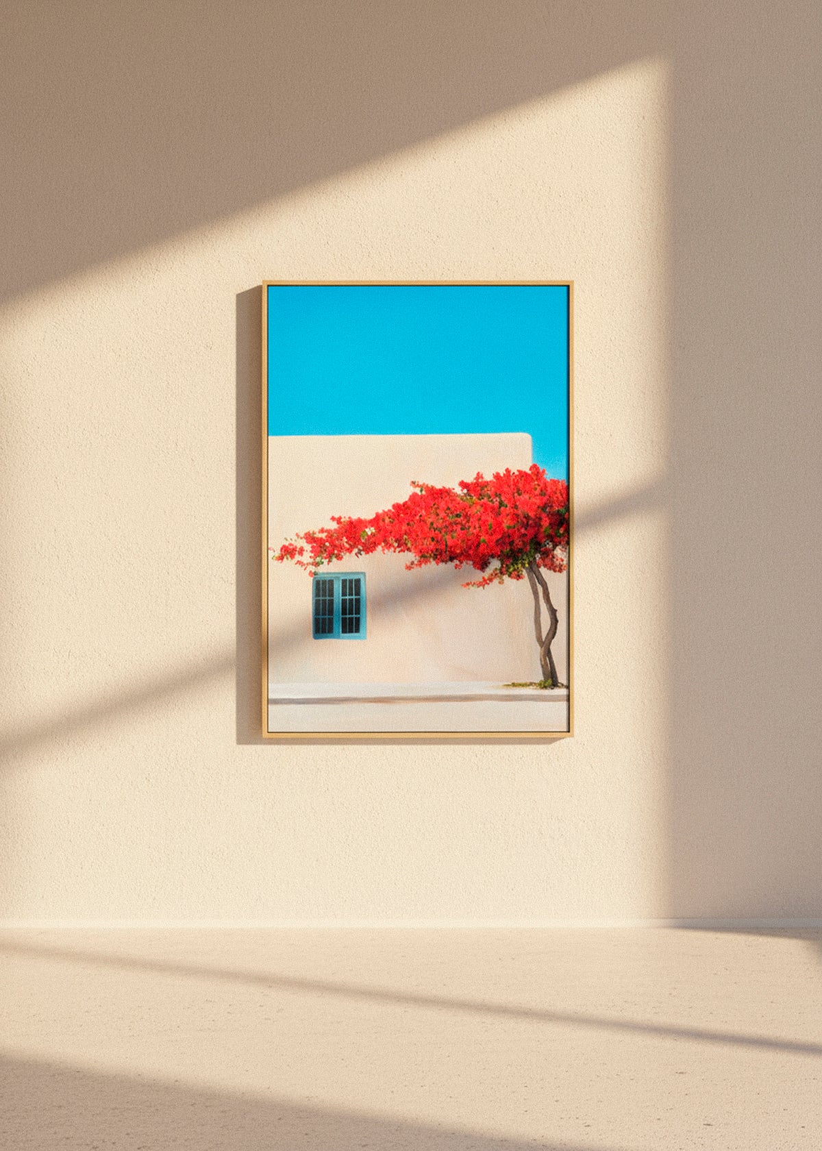 “Siesta” canvas print featuring a white Mediterranean wall with red bougainvillea flowers under a bright blue sky. Displayed in a sunlit hallway with terracotta tiles and sea view.