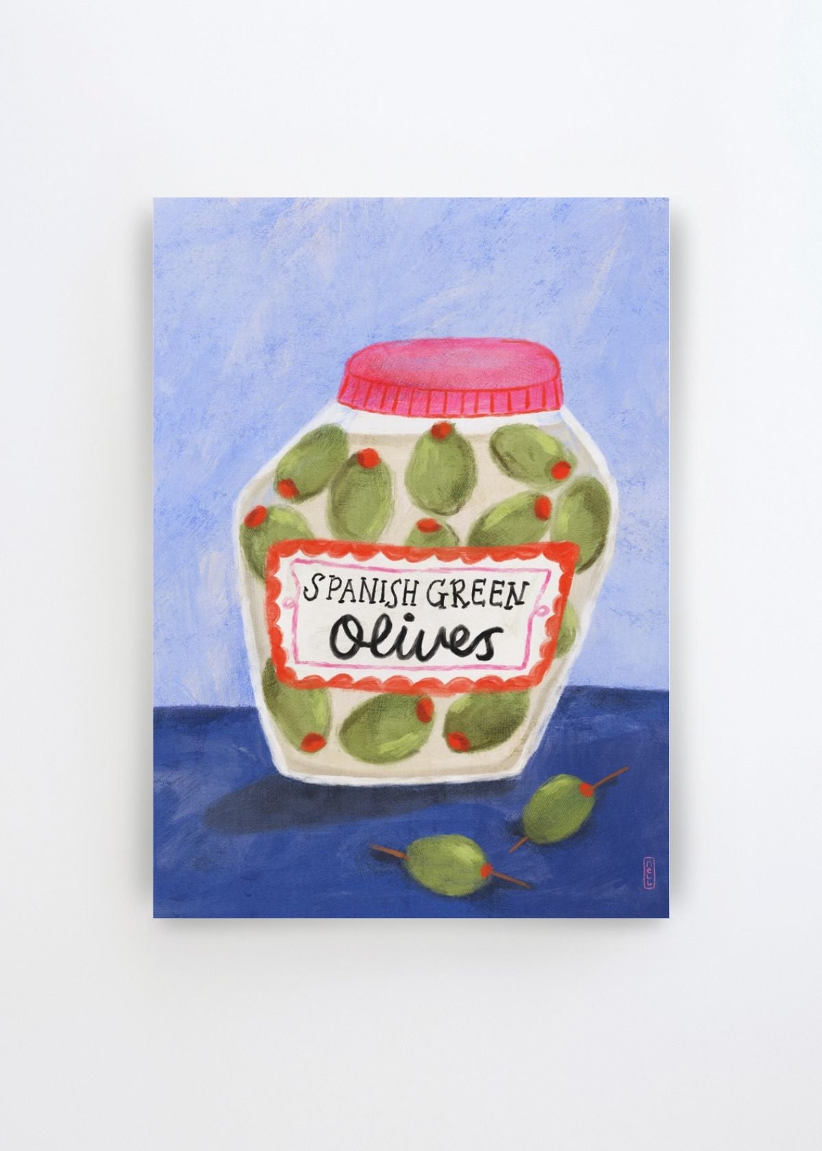 Spanish Green Olives Jar by Dirkie Nell art print featuring a hand-painted jar filled with green olives, a bright red lid, expressive black lettering and a soft blue background.