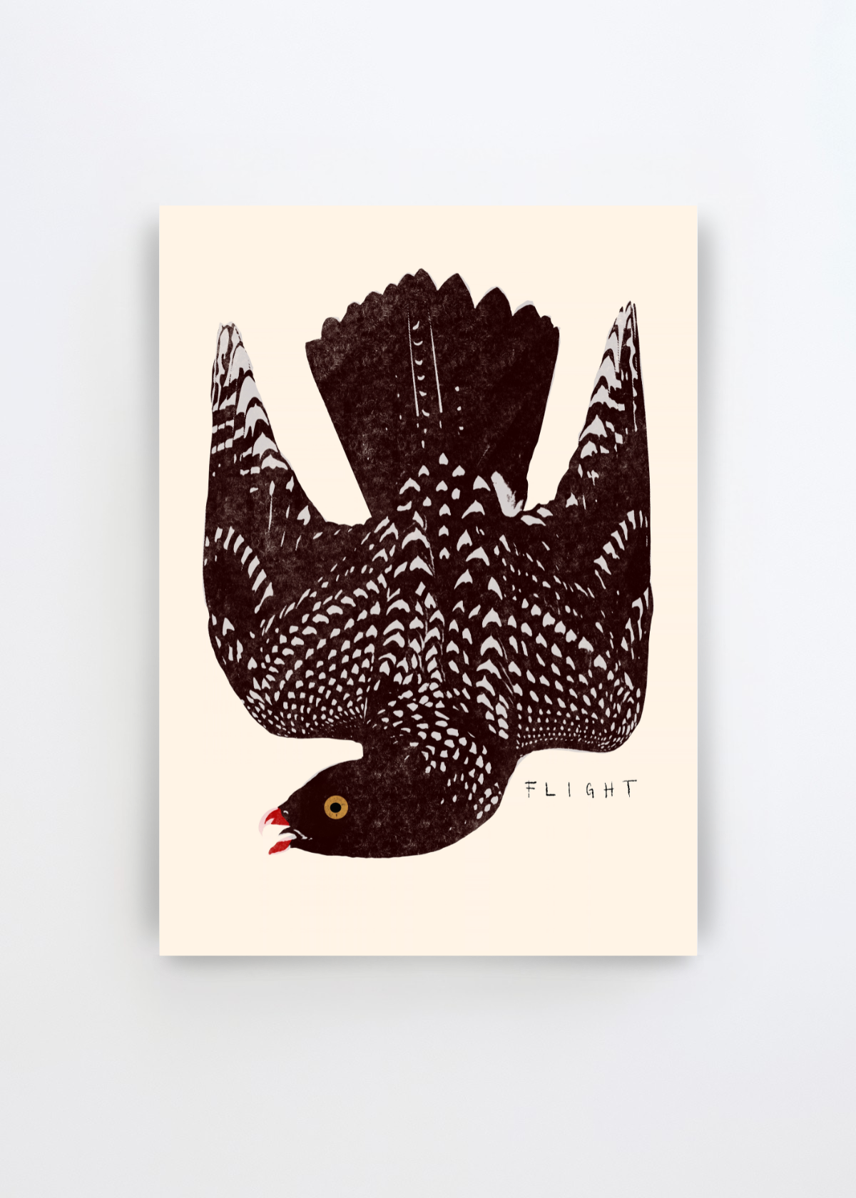 Speckled Bird Flight poster featuring a black and white speckled bird with a small red beak and yellow eye on a clean white background, styled as a modern minimalist art print.