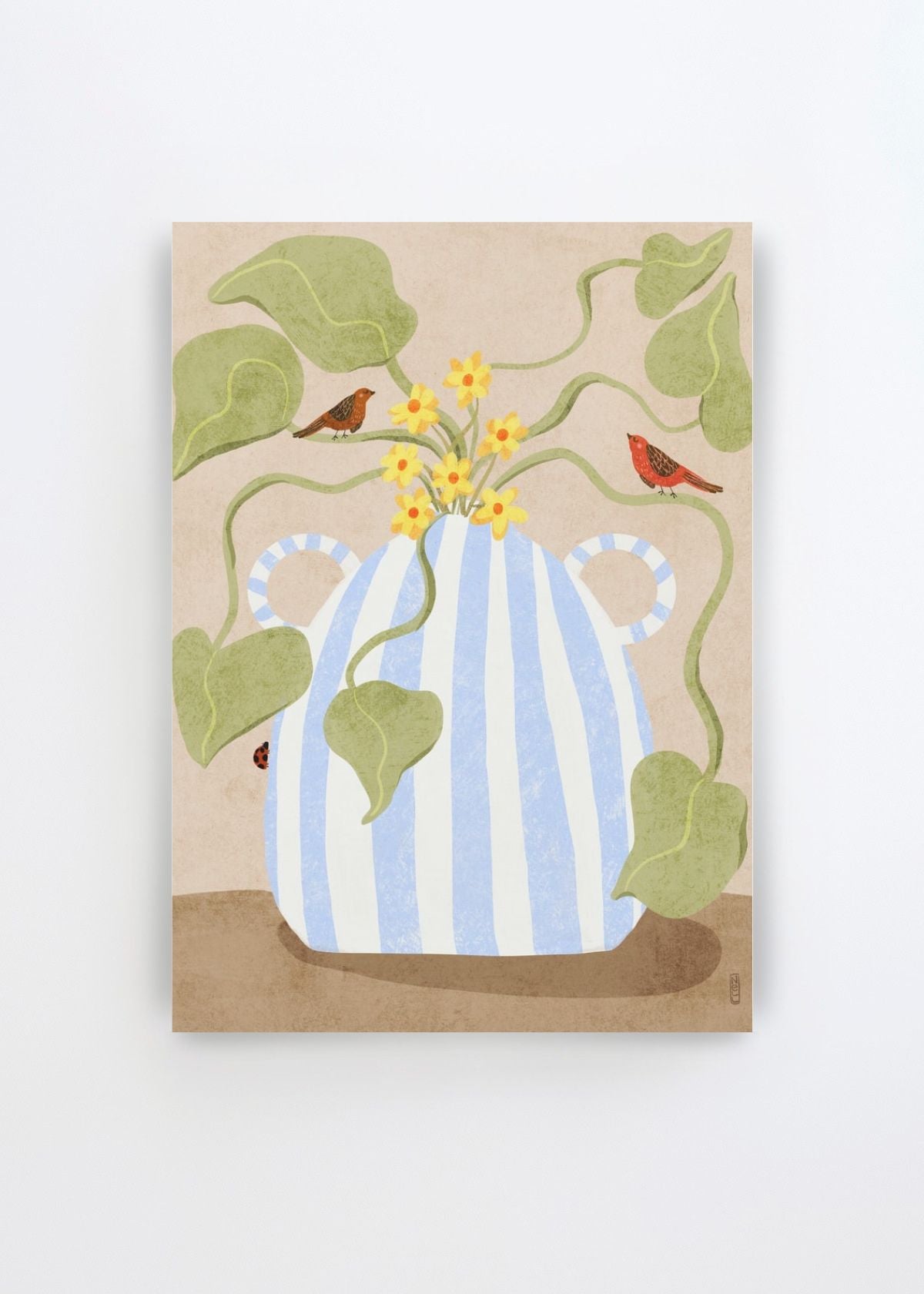 Spring Flowers and Birds by Dirkie Nell art print featuring a blue and white striped vase with yellow flowers, soft green leaves and two small red birds on a warm neutral background.