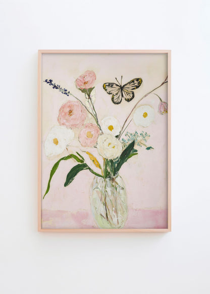 Summer Jar floral poster in a natural oak frame featuring a glass vase with soft white and blush pink flowers, a butterfly, and botanical details, styled on a white wall in a bright Scandinavian interior by Hello Poster