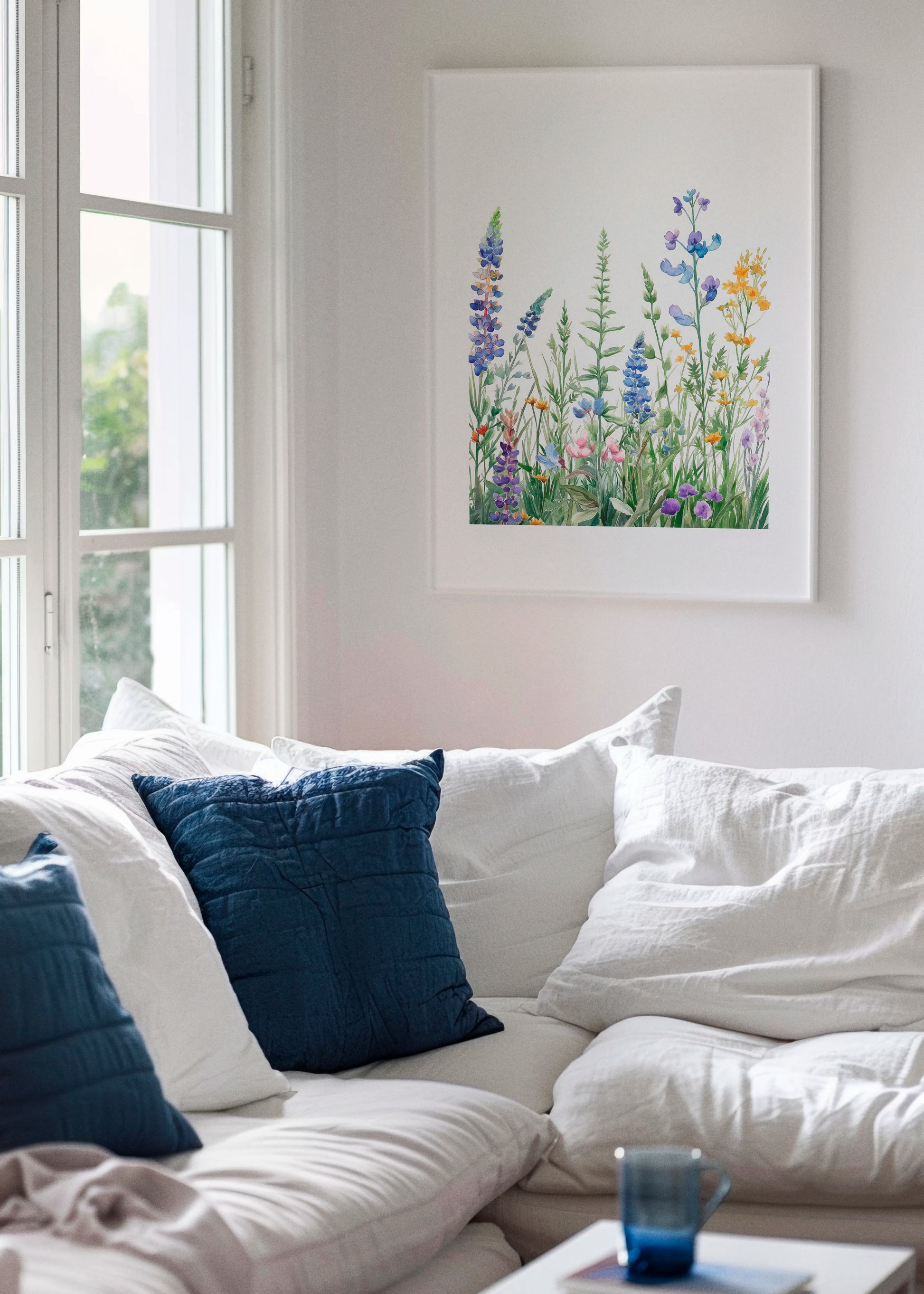 Summer Meadow poster in a bright Scandinavian living room with white sofa and natural light, featuring delicate wildflowers in soft blue, green, pink and yellow botanical tones.