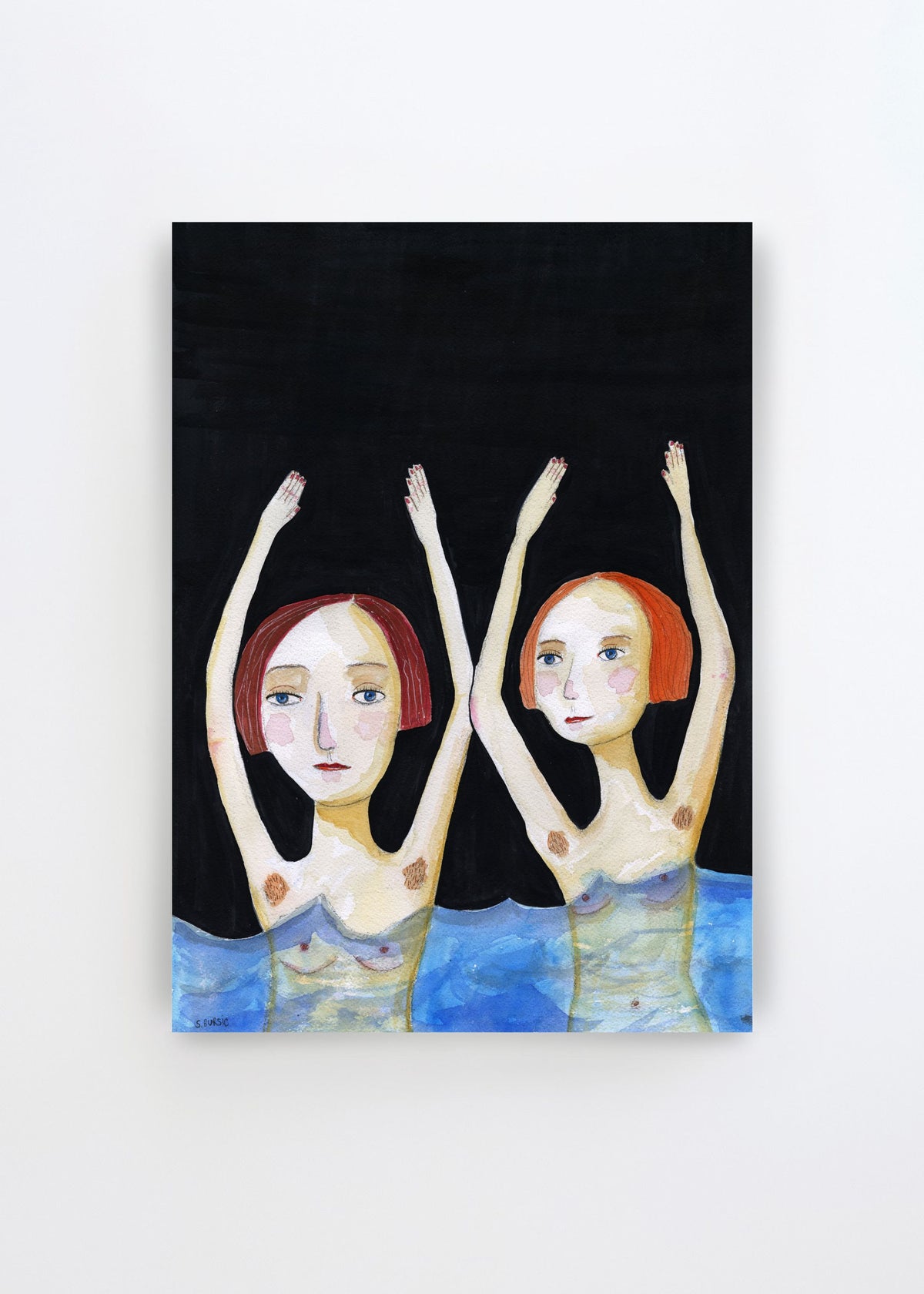 Synchronized Swimmers by Sharyn Bursic – whimsical art poster featuring two women in blue water with raised arms against a dramatic black background.