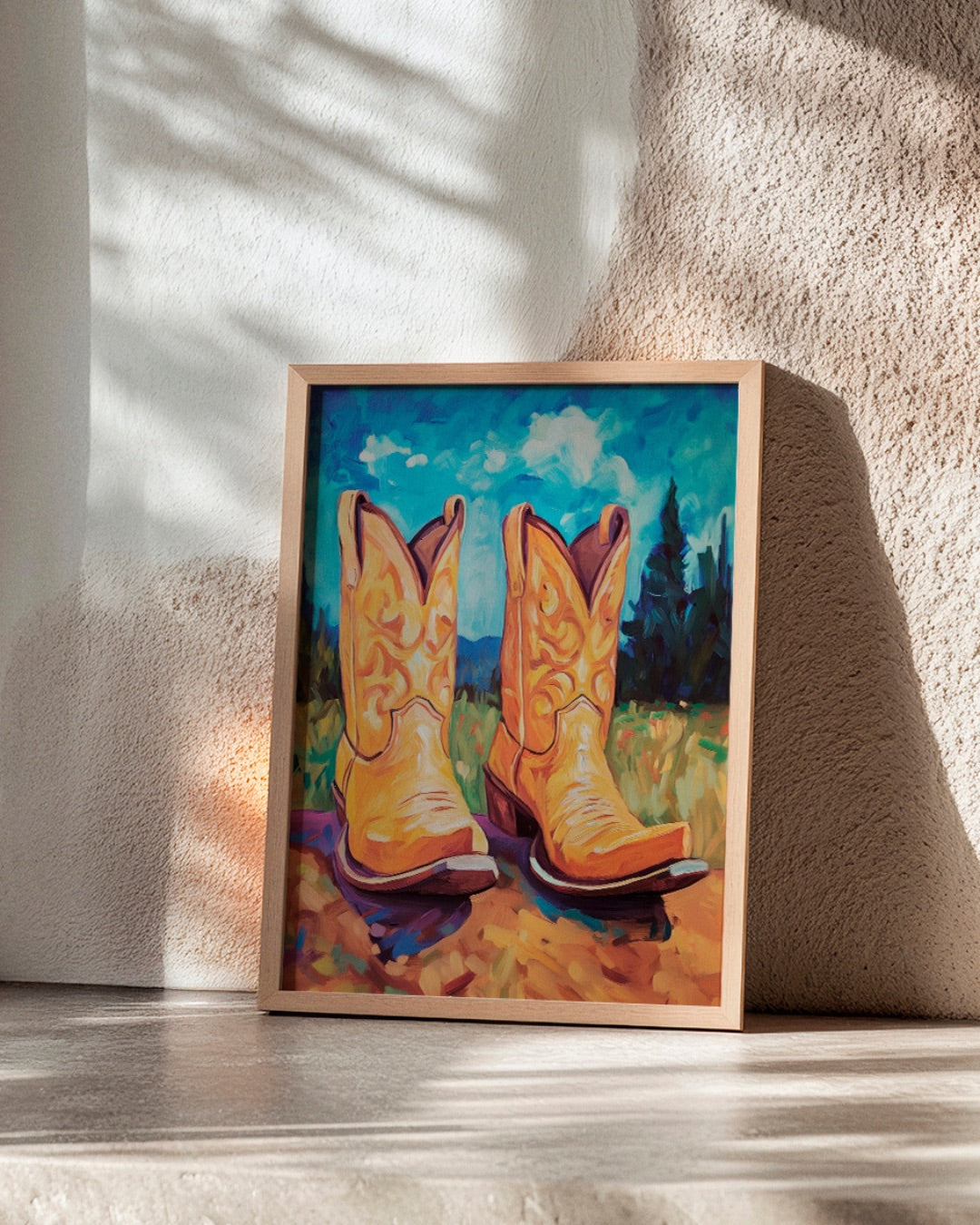 'The Boot Collection' art print featuring a pair of vibrant yellow cowboy boots in a colorful landscape, styled in an oak frame on a sunlit surface.