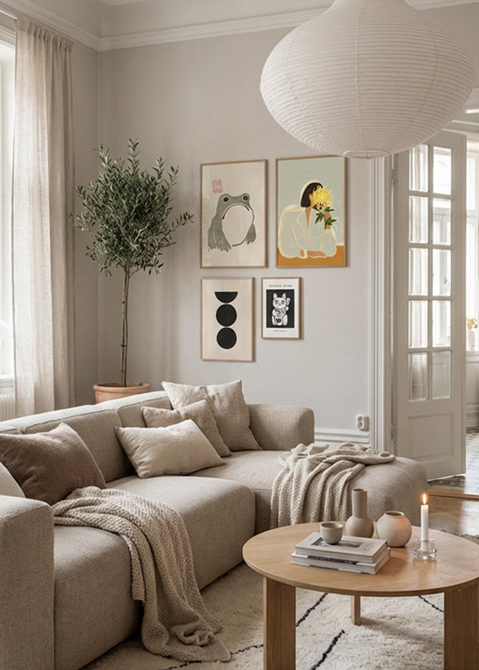 Bright Scandinavian living room styled with Hello Poster gallery wall featuring The Crysanthemum, Grumpy Frog, Boulder and Manekineko posters in oak frames above a beige sofa with soft neutral decor and natural light.