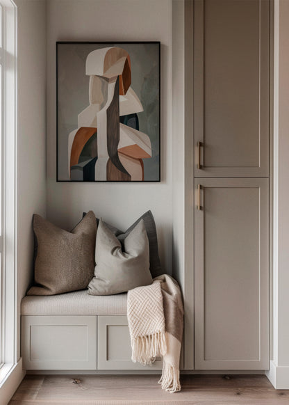 Timber - HelloPoster - Timber poster hanging above a cozy beige bench with pillows and throw – modern Nordic hallway or reading nook with abstract wall art.