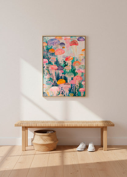 Colorful jellyfish canvas print hanging above a woven bench in a sunlit minimal Scandinavian hallway.