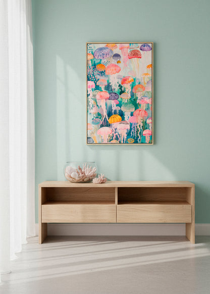Canvas print of colorful jellyfish hanging on a mint-green wall in a bright Scandinavian room with soft natural light.”