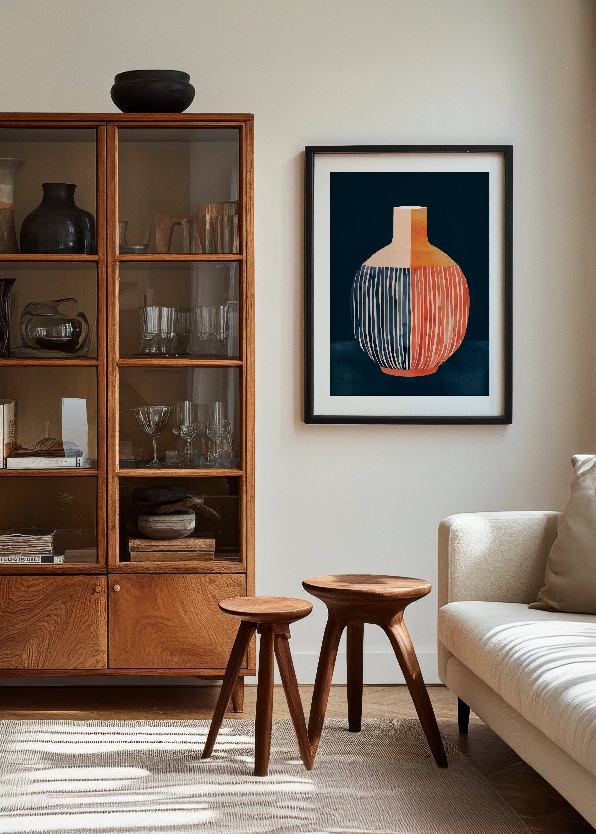 Vase poster featuring an abstract design of a striped vase in warm orange and deep blue tones, set against a dark background. The artwork is elegantly framed in black and displayed in a cozy living room with a wooden cabinet, minimalist stools, and a soft beige sofa, creating a modern and sophisticated ambiance.