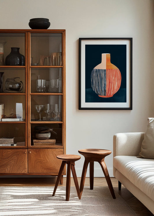 Vase poster featuring an abstract design of a striped vase in warm orange and deep blue tones, set against a dark background. The artwork is elegantly framed in black and displayed in a cozy living room with a wooden cabinet, minimalist stools, and a soft beige sofa, creating a modern and sophisticated ambiance.