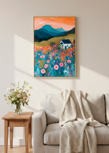 Colorful landscape canvas with a white house, blue mountains, and vibrant wildflowers, hanging above a cozy living room sofa