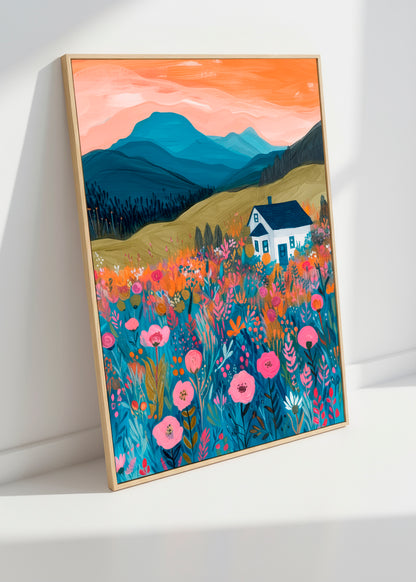 Bright canvas artwork of a white house in a mountain landscape with pink and blue flowers, leaning against a white wall in soft light.