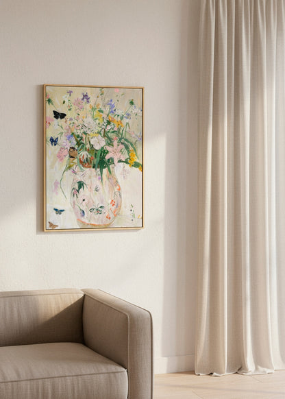 Wild Garden canvas print with colorful wildflowers and butterflies in a soft pastel vase, shown in wooden frame