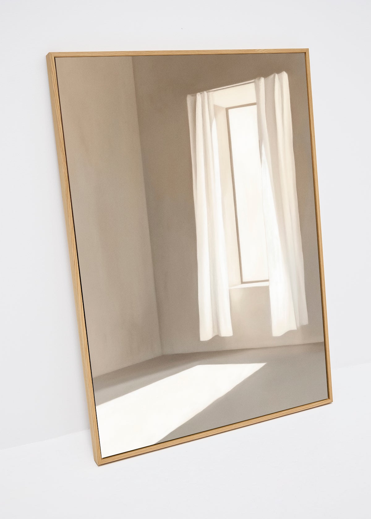 Window canvas print – minimalist artwork with soft sunlight through curtains