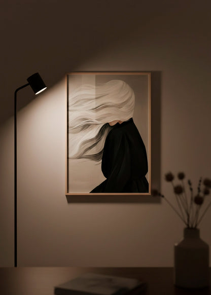 Windy poster illuminated by a minimalist floor lamp in a calm, dimly lit Scandinavian room.