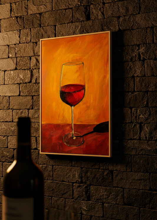 Canvas print with a red wine glass on a warm orange background, hanging on a textured dark stone wall.