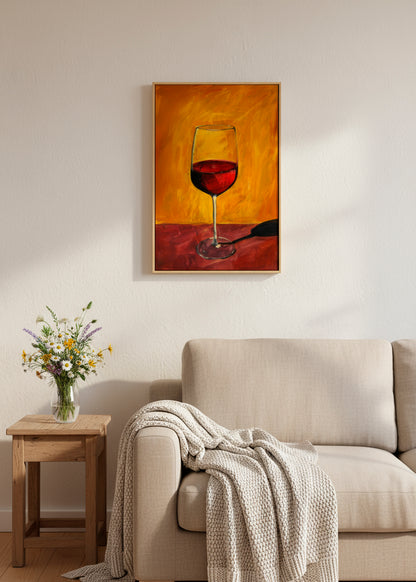 Canvas with a red wine glass in warm orange tones hanging above a beige sofa and wooden side table.