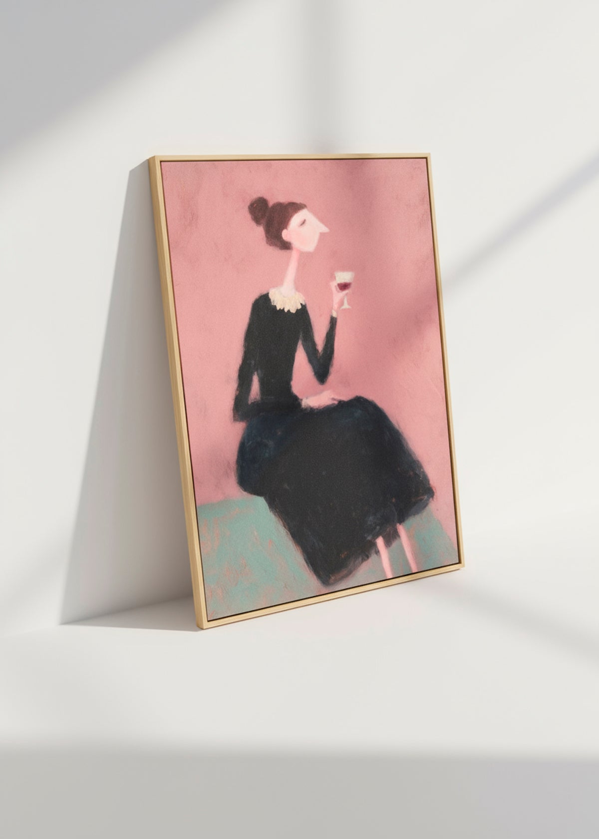 Close-up of the wine o'clock canvas leaning against a white wall with soft daylight shadows.