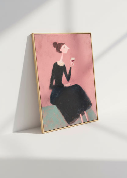 Close-up of the wine o'clock canvas leaning against a white wall with soft daylight shadows.